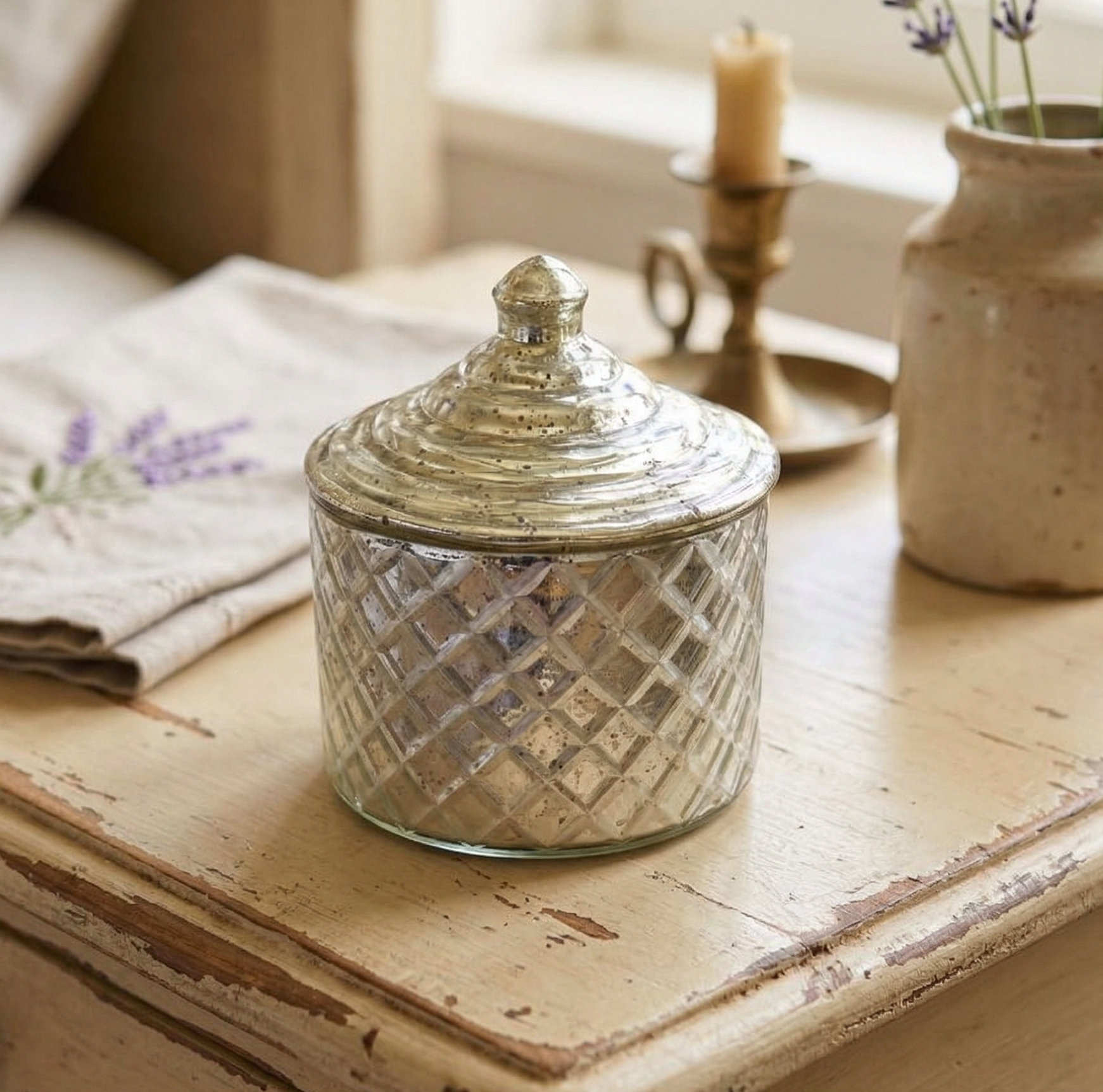 Decorative glass jar with a textured lid on a wooden surface with a soft focus background