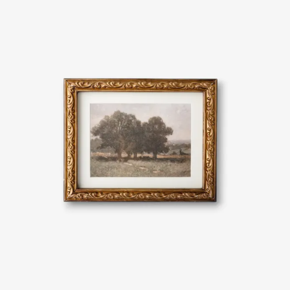 This Stand of Trees Wall Art has rich tones, layered textures, and a vintage palette giving it a 'collected' look. It is perfect to add to a gallery wall or as a stand alone piece tucked in a moody corner. Set in a decorative antique gold frame.
Dimensions: 25cm L x 2.5cm D x 20cm H