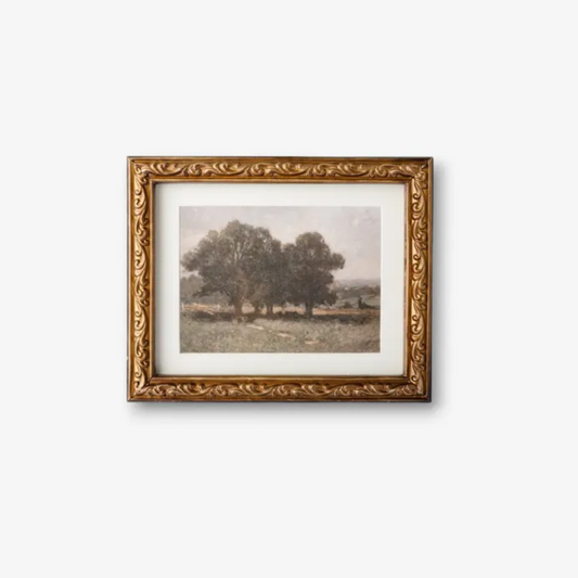 This Stand of Trees Wall Art has rich tones, layered textures, and a vintage palette giving it a 'collected' look. It is perfect to add to a gallery wall or as a stand alone piece tucked in a moody corner. Set in a decorative antique gold frame.
Dimensions: 25cm L x 2.5cm D x 20cm H