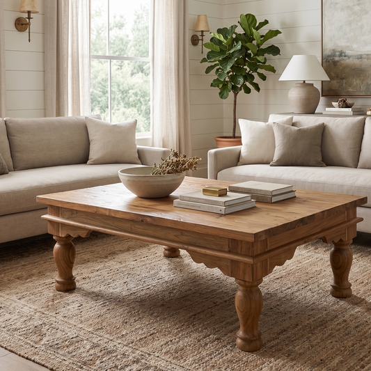 Living room with beige sofas, wooden coffee table, and decorative elements.