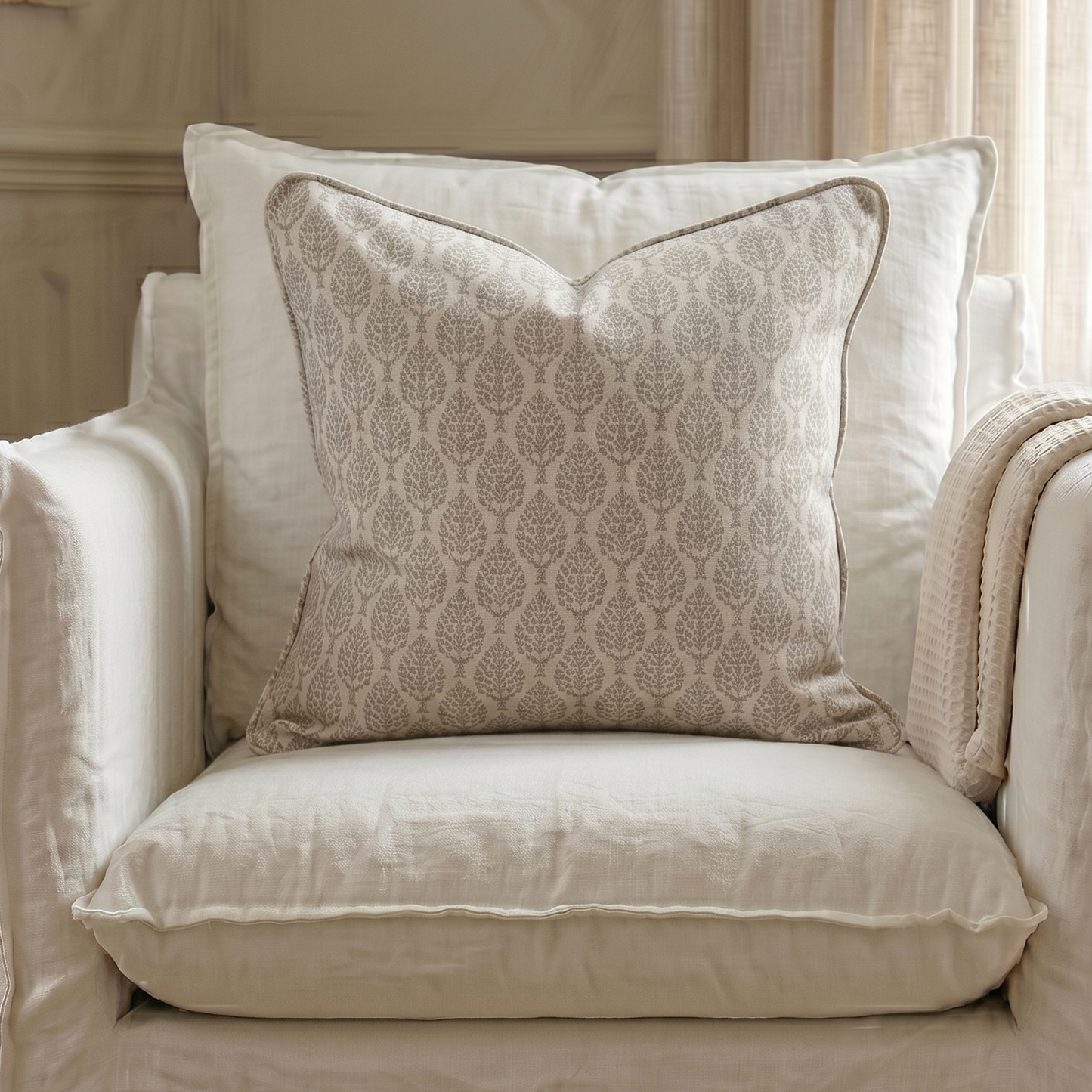 Beige armchair with patterned pillow and blanket in a room with neutral decor.