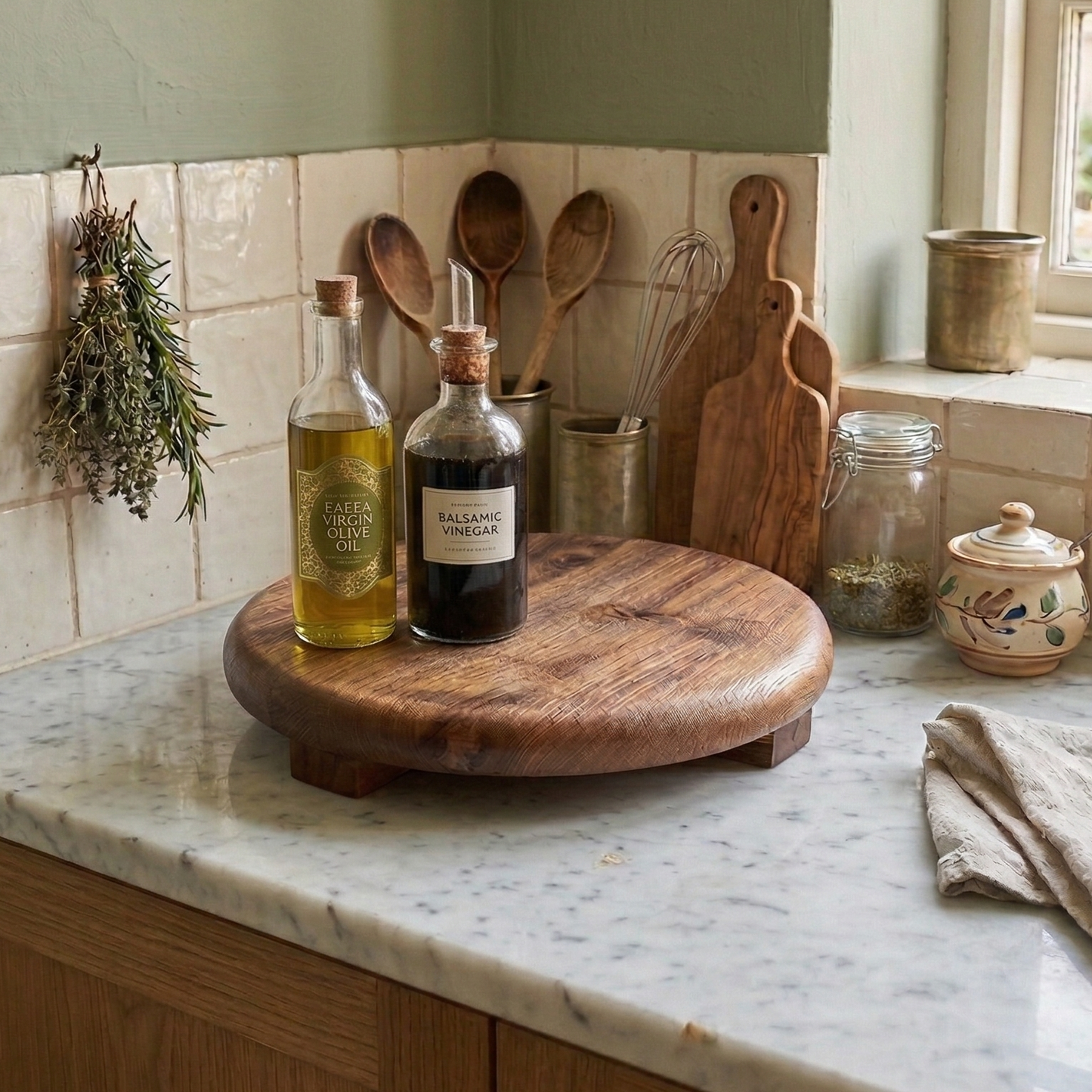 Wooden pedestal board with bottles on a kitchen counter, wooden spoons, and jars in the background.