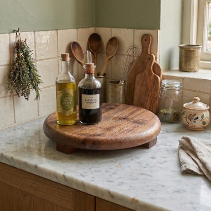 Wooden pedestal board with bottles on a kitchen counter, wooden spoons, and jars in the background.