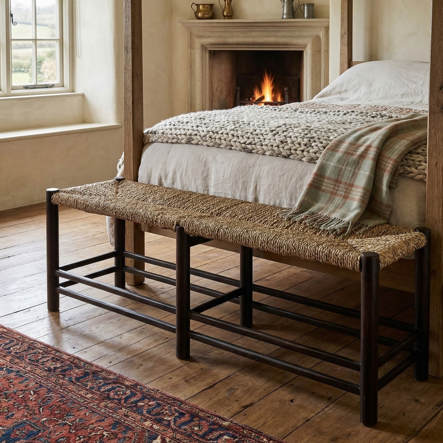 Bedroom with wooden bed, bench, and fireplace