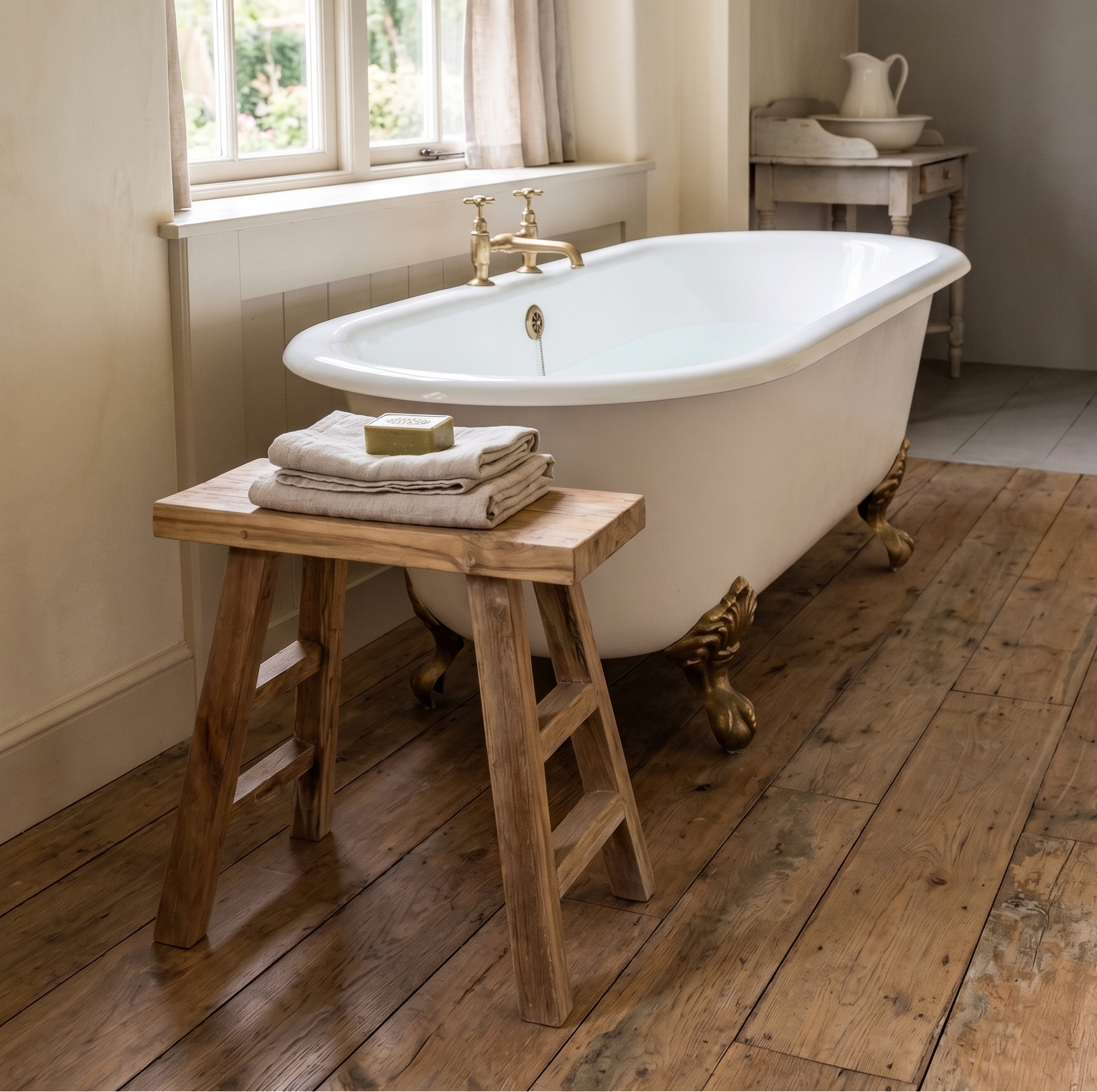 Vintage-style bathtub in a bathroom with a teak stool
