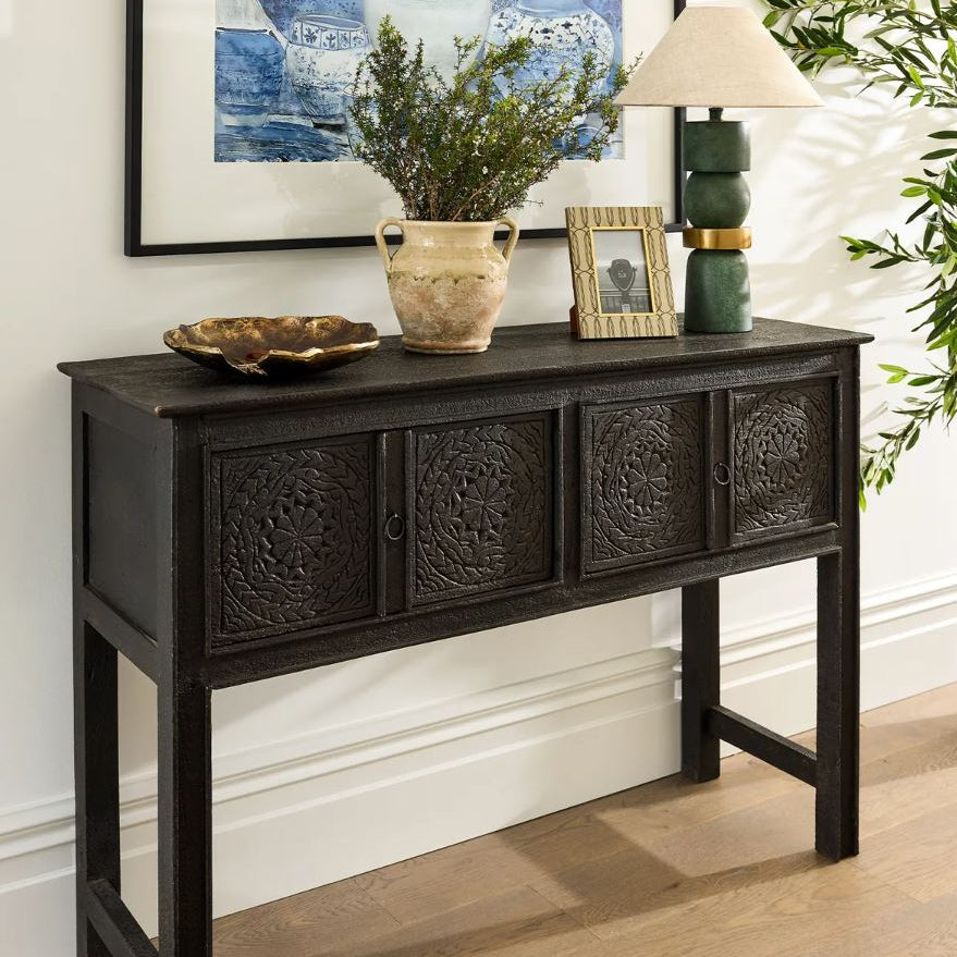 Theron Hand Carved Black Wooden Console - Arriving July