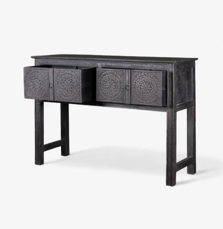 Theron Hand Carved Black Wooden Console - Arriving July
