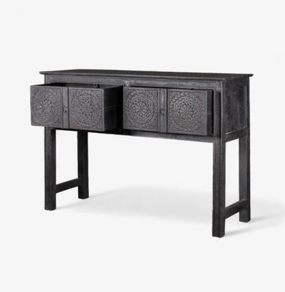 Theron Hand Carved Black Wooden Console - Arriving July