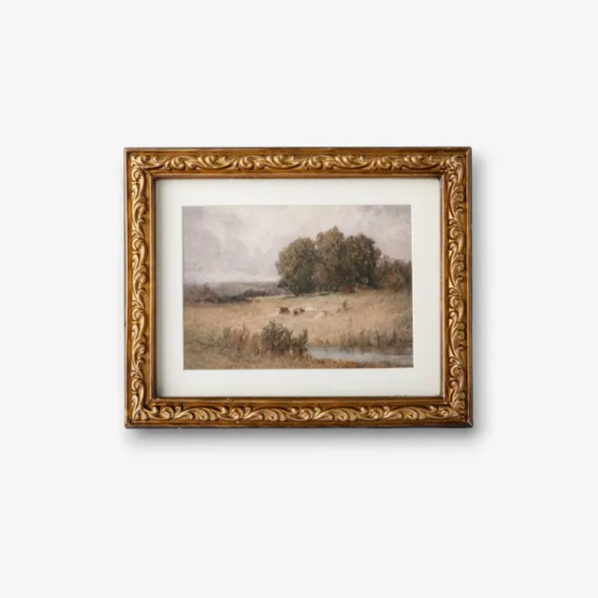 This Vintage Rural Landscape Wall Art has rich tones, layered textures, and a vintage palette giving it a 'collected' look. It is perfect to add to a gallery wall or as a stand alone piece tucked in a moody corner. Set in a decorative antique gold frame.
Dimensions: 25cm L x 2.5cm D x 20cm H