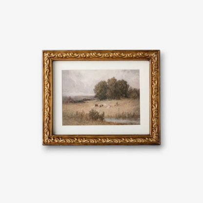 This Vintage Rural Landscape Wall Art has rich tones, layered textures, and a vintage palette giving it a 'collected' look. It is perfect to add to a gallery wall or as a stand alone piece tucked in a moody corner. Set in a decorative antique gold frame.
Dimensions: 25cm L x 2.5cm D x 20cm H