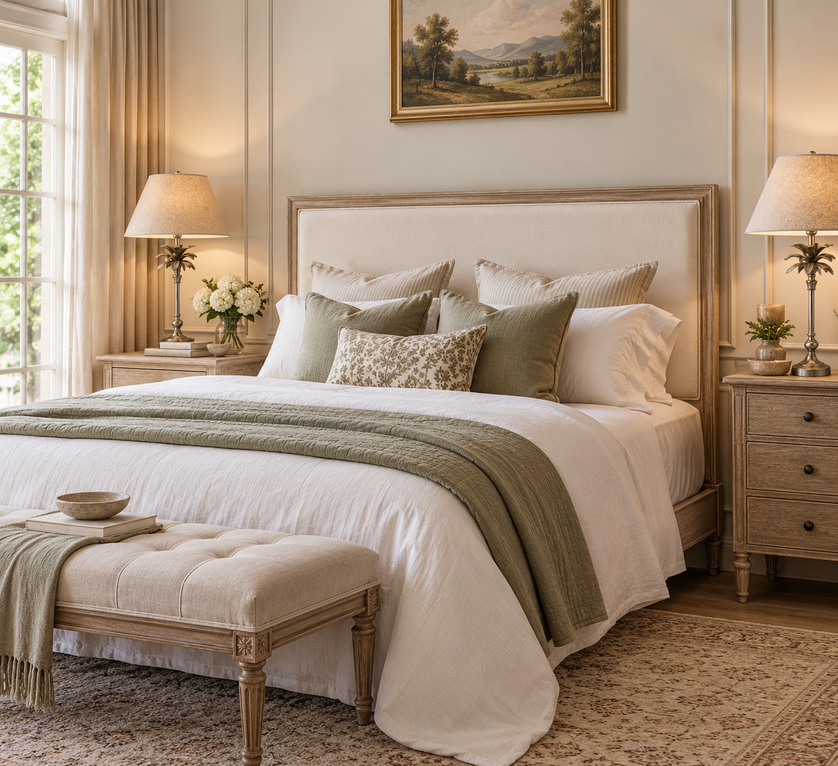 A beautifully styled bedroom featuring a bed dressed in white linens with sage green and beige accent pillows and a sage green throw blanket. The bed has a light wood upholstered headboard, is flanked by matching wood nightstands with lit table lamps, and is set on a patterned area rug.