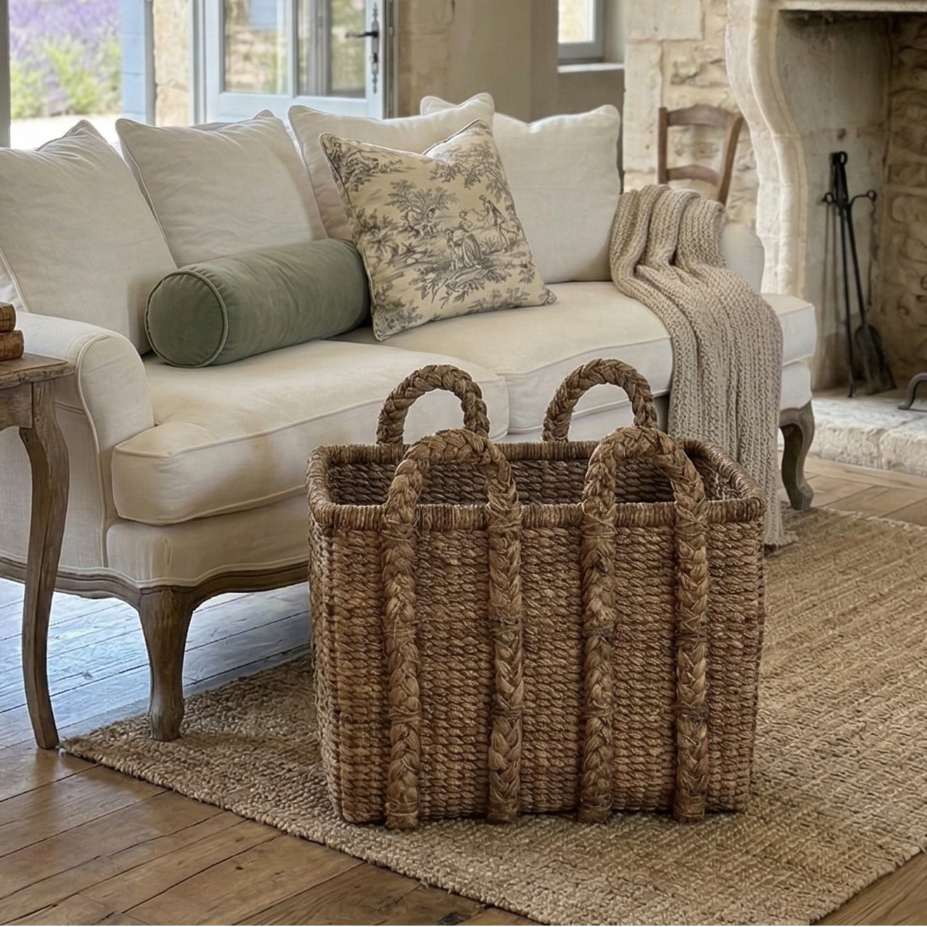 Cozy living room with stone fireplace, white sofa, and wicker basket.