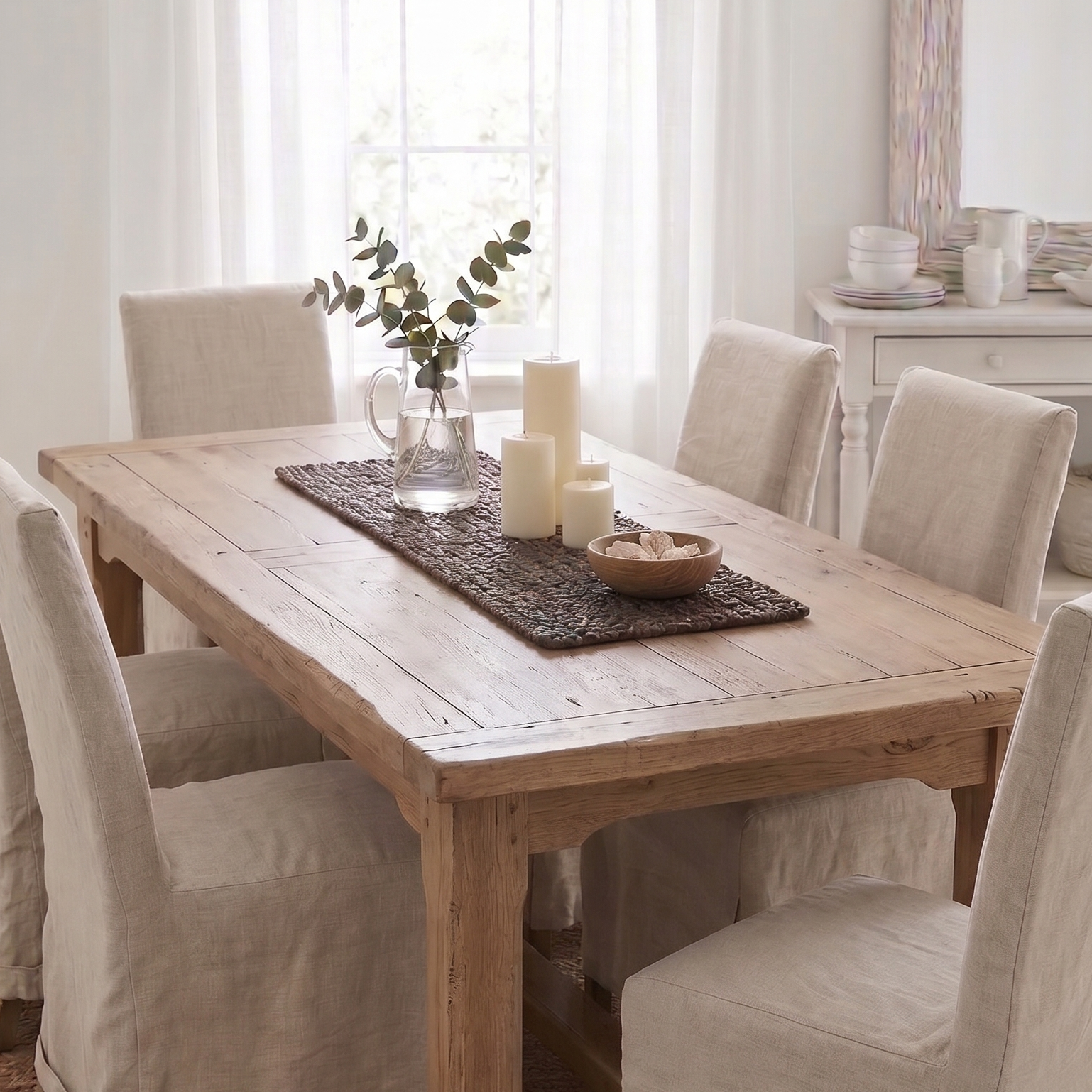 Dining room with wooden table and chairs in a bright room.