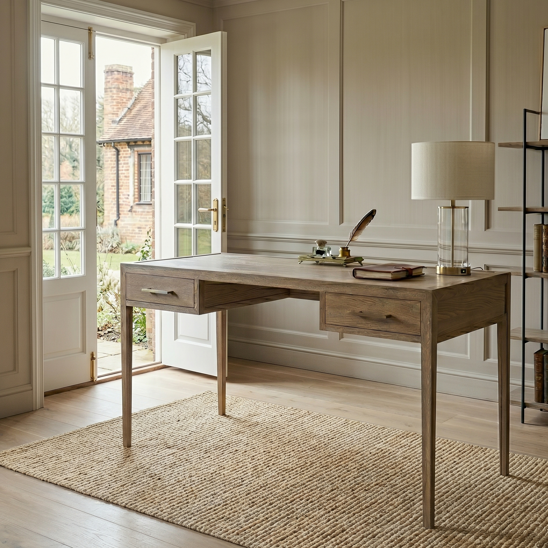 Wooden desk in a home office with a lamp, books, and a feather pen.