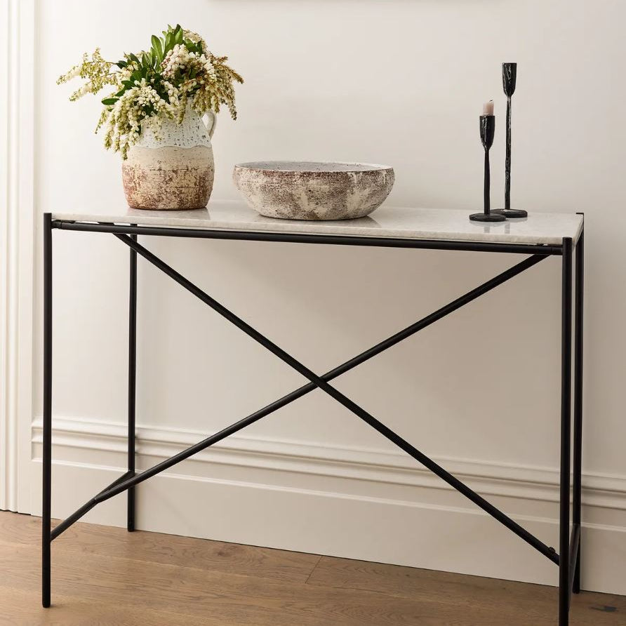 Whitmore Cross Bar Iron & Marble Console Table | In Stock & Ready To Ship