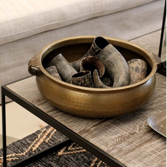 Basque Bowl with handles and hammered antique brass finish, crafted from aluminium—perfect as a striking centrepiece or bold statement piece.