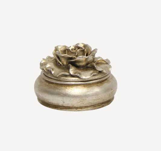 Decorative silver box with rose design on a white background