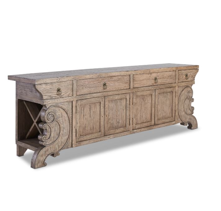 Wooden sideboard with decorative carvings on a white background