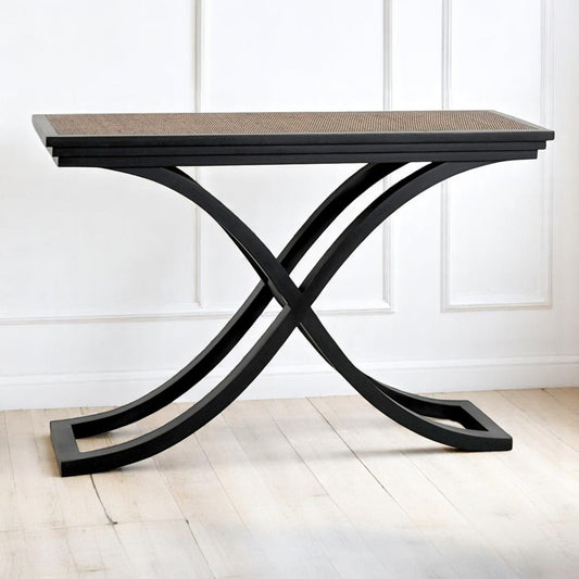 Black Cross Leg Timber & Rattan Console Table - Special Order