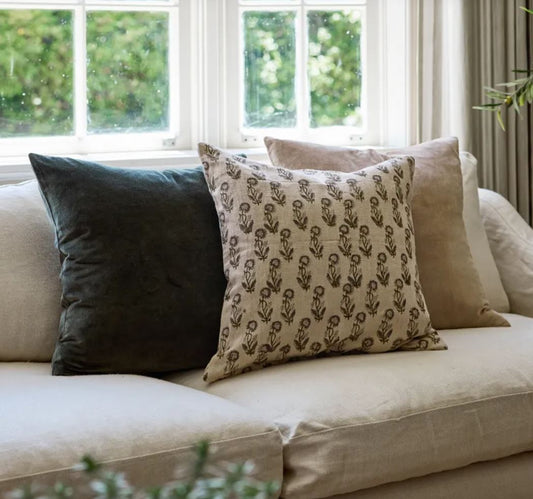 Liliana Floral Hand Block Linen & Cotton Cushion - 50cm x 50cm