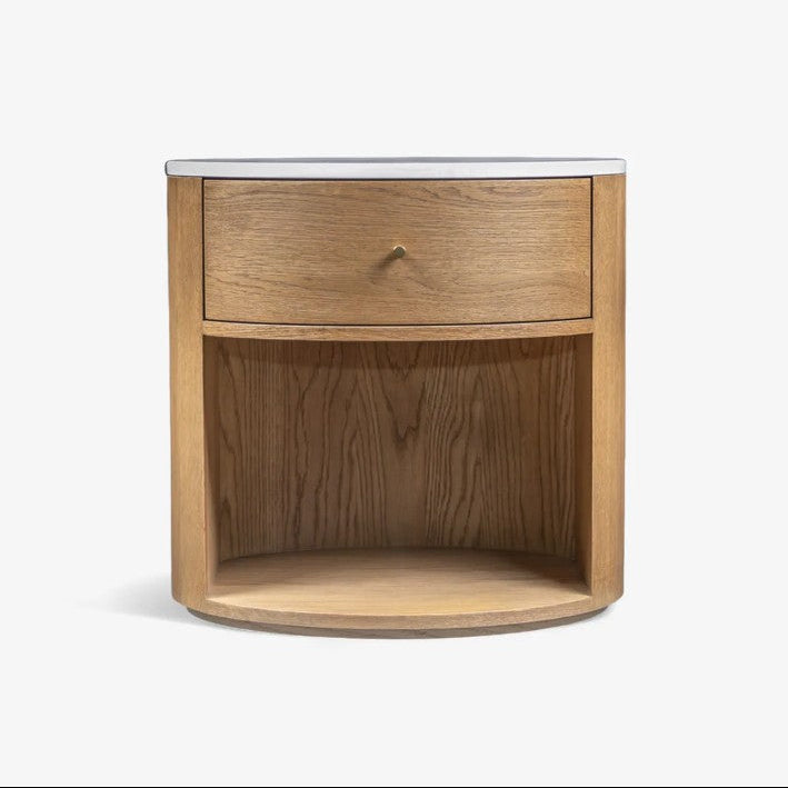 Wooden corner nightstand with a drawer on a white background