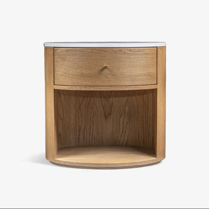 Wooden corner nightstand with a drawer on a white background