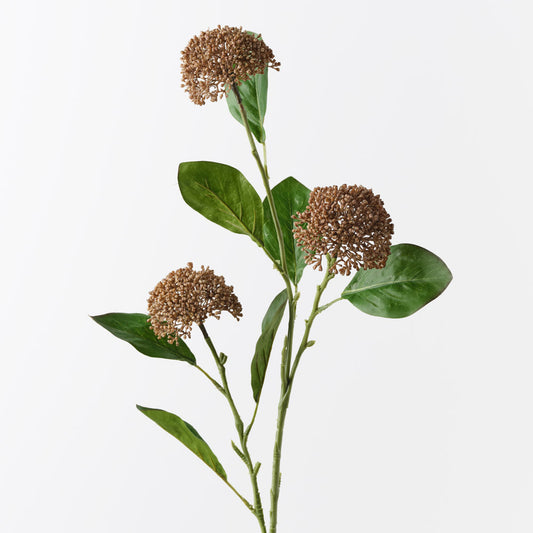 Artificial plant with brown spherical flowers and green leaves on a white background
