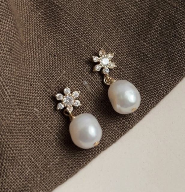 Crystal Flower & Pearl Drop Gold Earrings