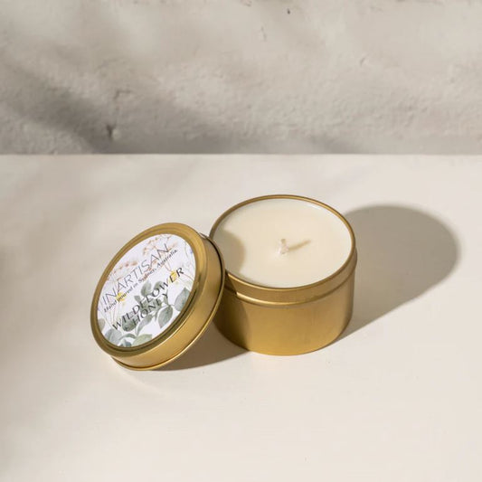 Hand Poured Soy Candle in Brass Travel Tin - Wildflower & Honey