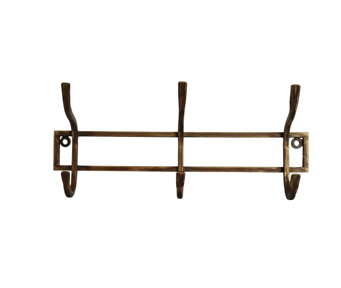 A rustic three-hook wall rack with a distressed brown and bronze finish, shown against a plain white background.