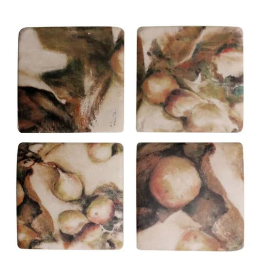 Four square coasters with a nature-themed design on a white background