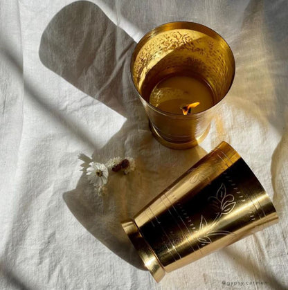 Hand Poured Soy Candle in Brass Lassi Cup - Cucumber, Mint & Ginger