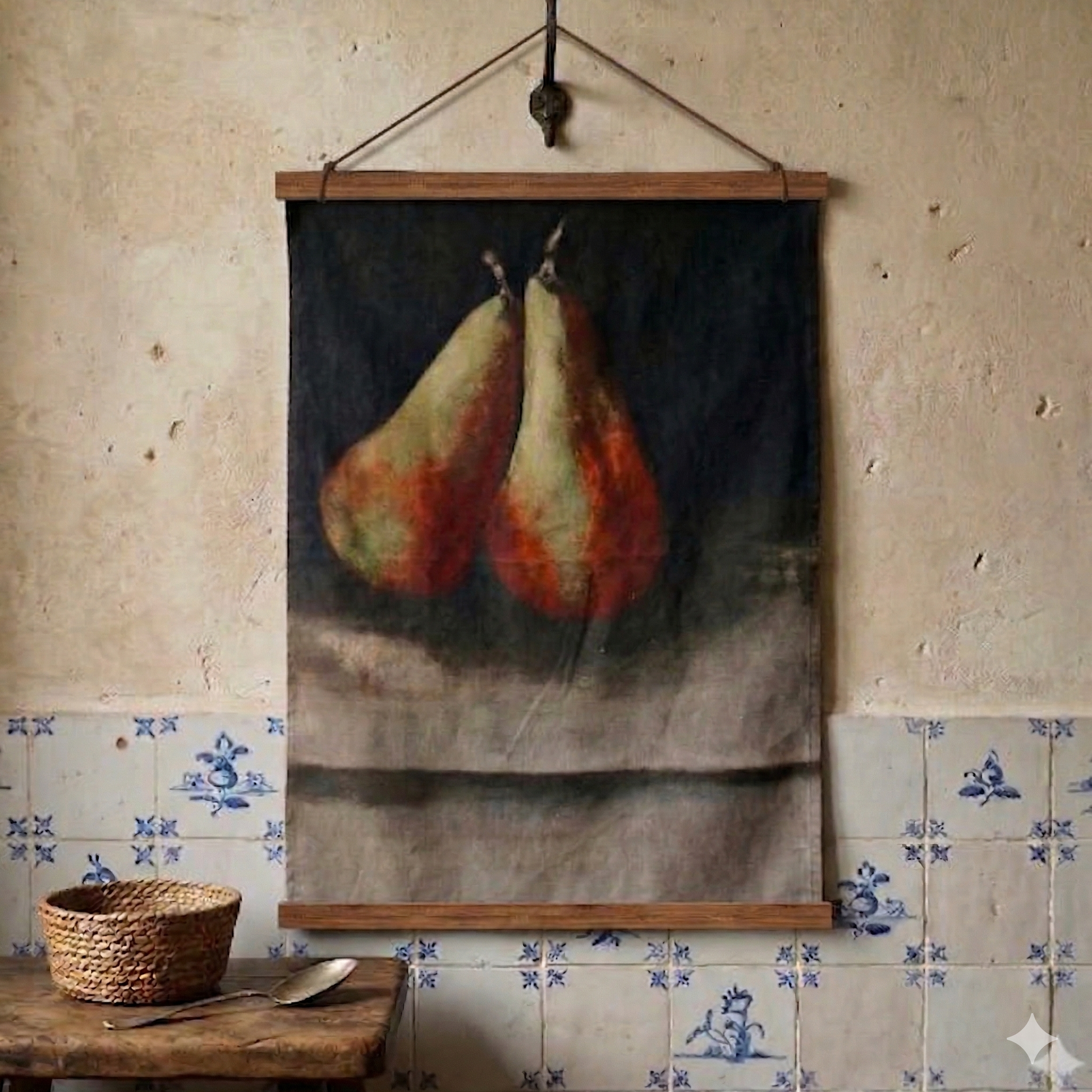 Painting of two pears hanging on a wall with a rustic background