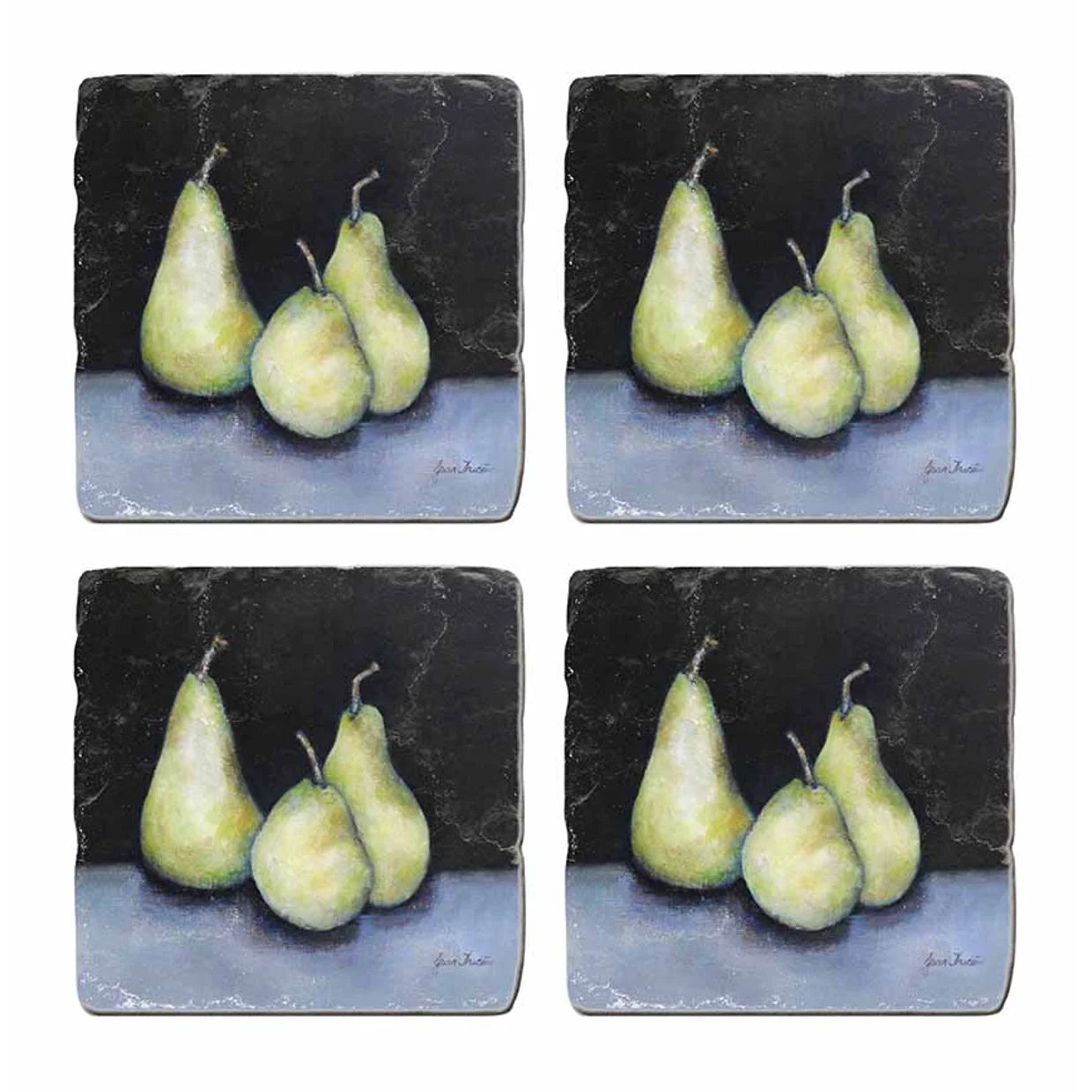 This elegant coaster set is comprised of 4 tiles featuring a moody pear graphic against a delicate and inviting backdrop. These coasters make a statement on any table surface while also helping protect furniture from damage.