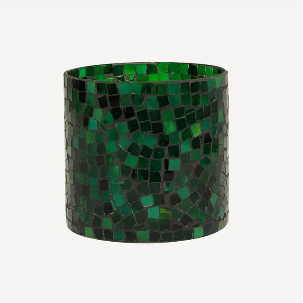 Green mosaic candle holder on a white background