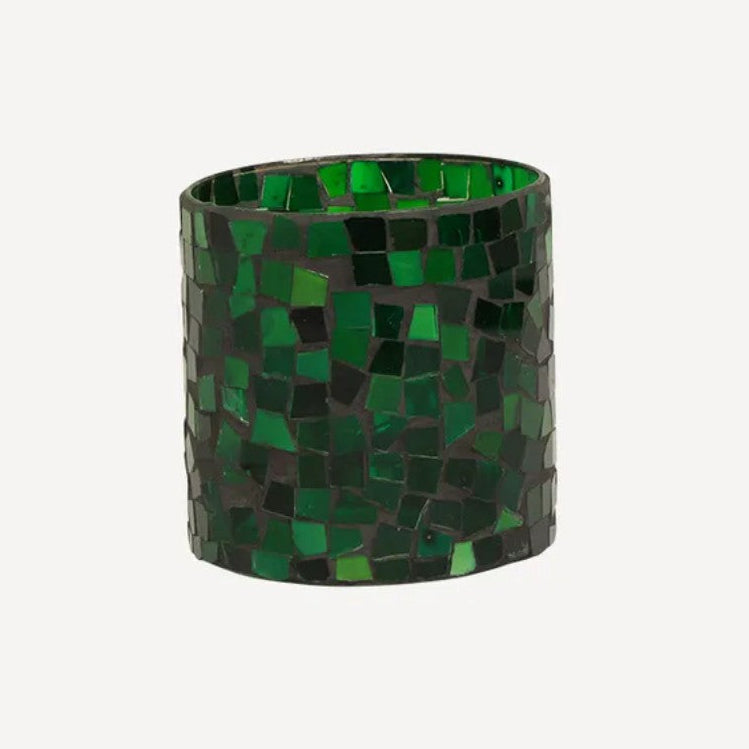 Green mosaic candle holder on a white background