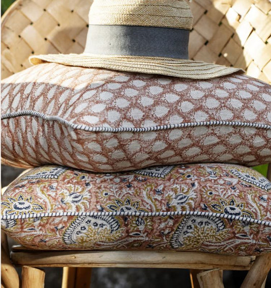 Oriental Mustard Block Printed Linen Cushion 50cm x 50cm