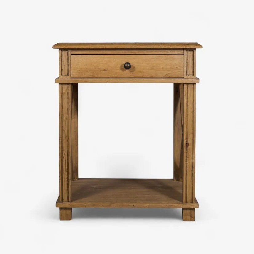 Wooden side table with a drawer on a white background