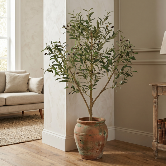 Potted plant in a living room with a couch and lamp in the background