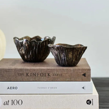 Two metallic bowls on top of books with a neutral background