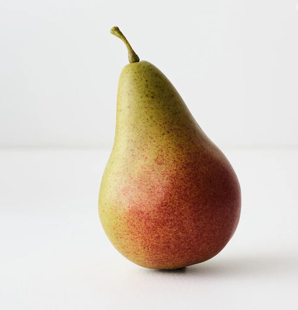 Pear with green and brown coloration on a white background