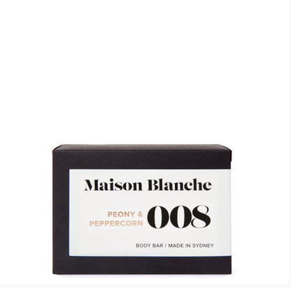 Maison Blanche body bar packaging with 'Peony & Peppercorn' on a white background