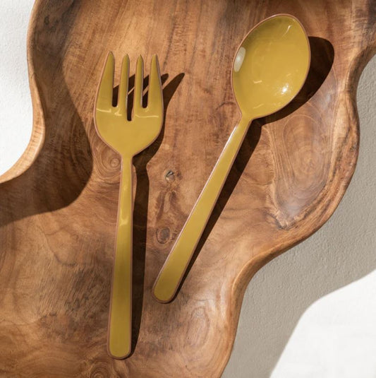Alder Enamel Salad Servers - Olive