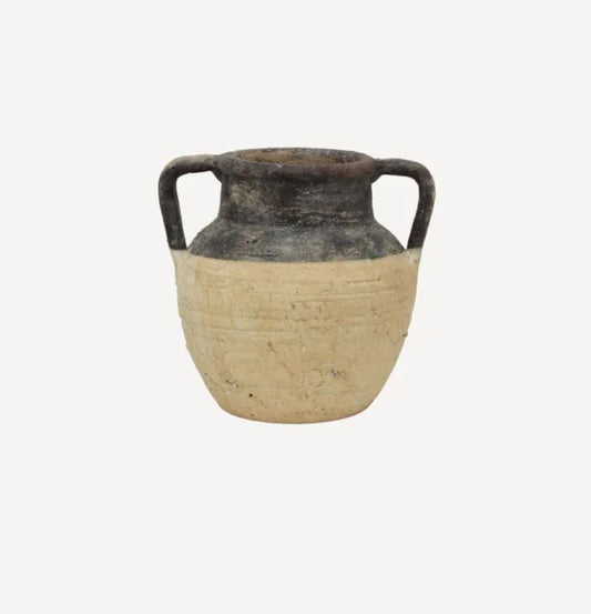 Ceramic vase with black rim and handles on a white background