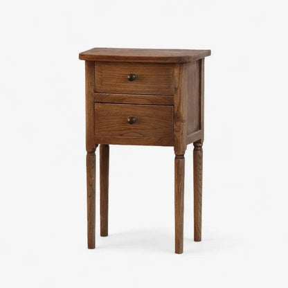 Wooden side table with two drawers on a white background