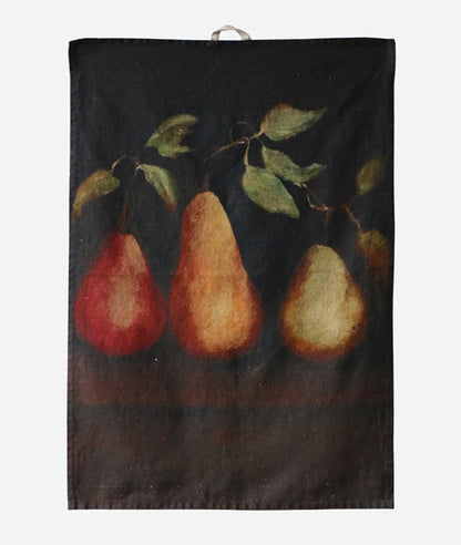 Tea towel with a design of pears on a dark background