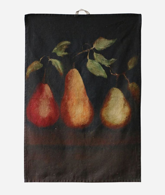Tea towel with a design of pears on a dark background