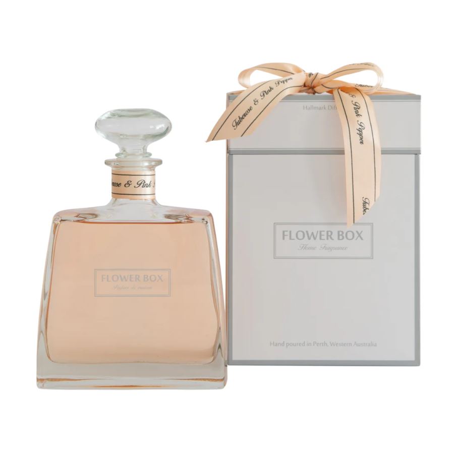 Perfume bottle and packaging with 'Flower Box' branding on a white background