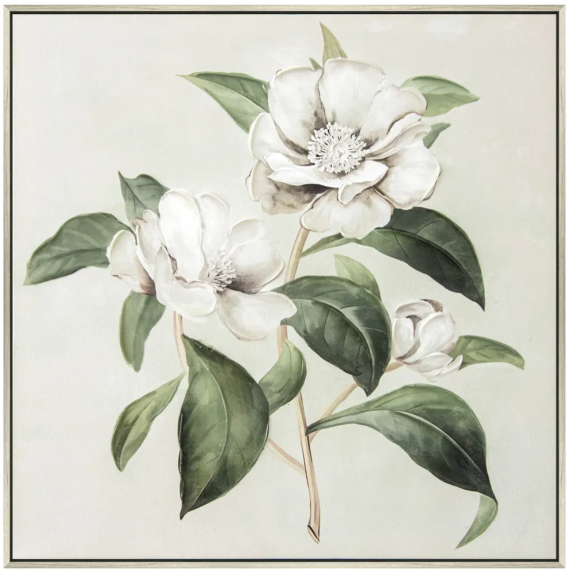 These Magnolia Artworks are elegant yet understated, perfect for the timeless home. Each one is a unique hand-painted print, finished on stretched canvas and framed in a light oak coloured timber frame. Front