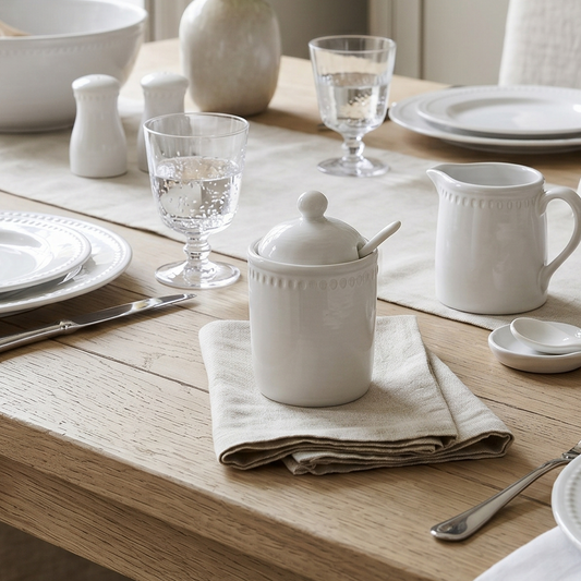 Dining table set with white plates, glasses, and a vase of flowers in a bright room.